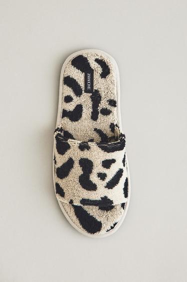 Zara TERRYCLOTH ANIMAL PRINT SLIDER SLIPPERS - Leopard