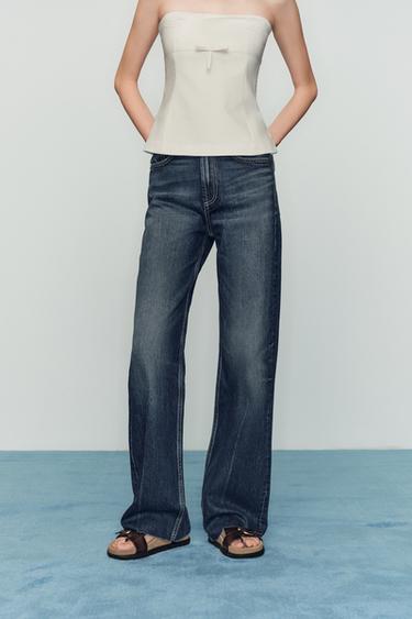 Zara TRF WIDE LEG 高腰全長牛仔褲 - 海藍色