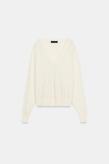 Zara V-NECK KNIT JUMPER - White