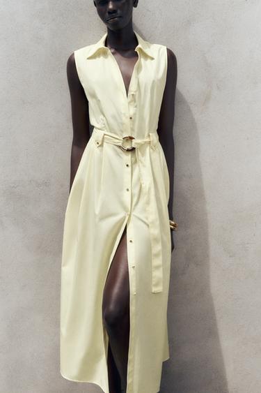 POPLIN MIDI DRESS WITH BELT - Yellow by Zara