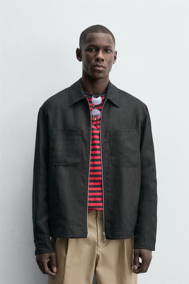 Zara 100% LINEN ZIPPER OVERSHIRT - Black
