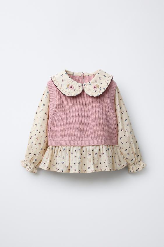 CAMISA ESTAMPADA FLORES COMBINADA COM COLETE DE TRICÔ - Rosa-médio da Zara - Imagem 0