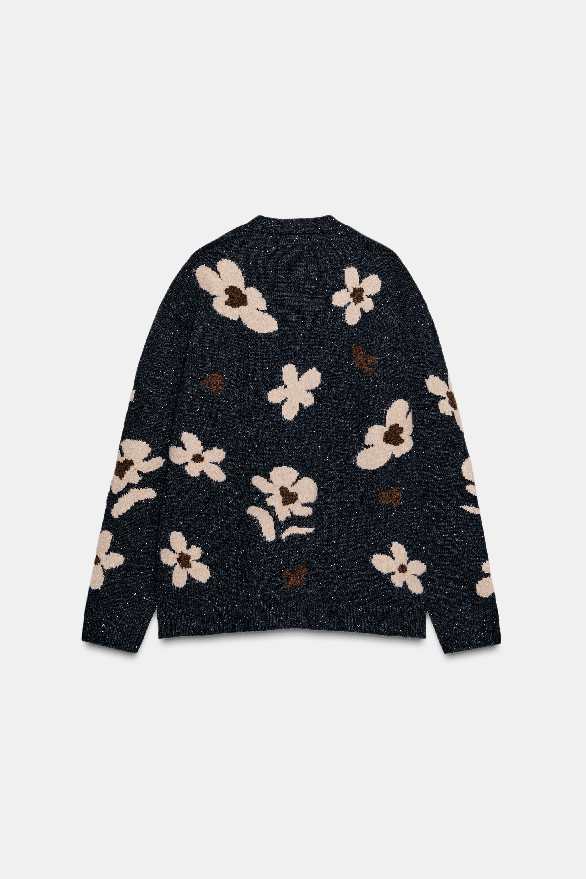 OVERSIZED FLORAL JACQUARD KNIT CARDIGAN - Gray | ZARA Canada