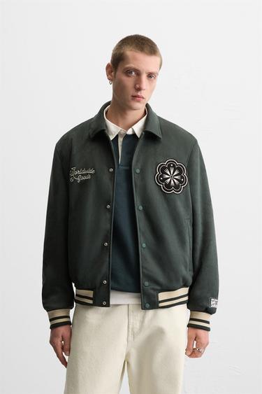 FAUX SUEDE VARSITY JACKET WITH PATCHES - Dark green by Zara