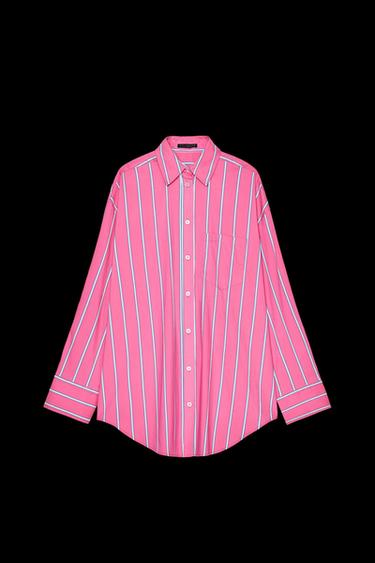 Zara OVERSIZED STRIPED SHIRT - Fuchsia - Image 0