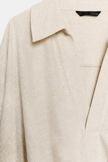 LINEN BLEND SHIRT WITH PUFF HEM - Light beige by Zara - Image 9