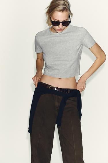 SHORT SLEEVE CROPPED T-SHIRT - Grey marl by Zara