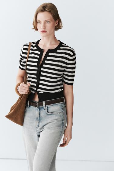 Zara Striped short sleeve knit cardigan - Black
