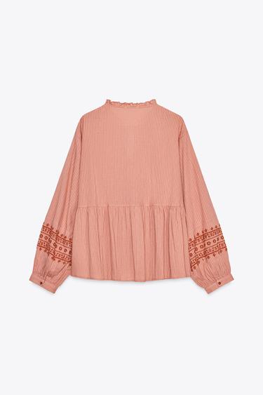 CONTRAST EMBROIDERY BLOUSE - MARSALA by Zara - Image 5