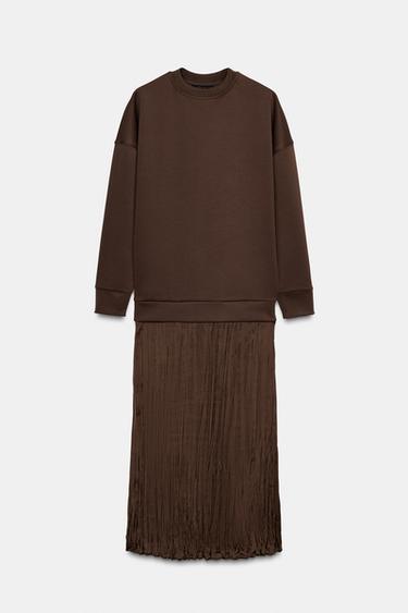 ROBE EN MATIÈRES VARIÉES SATINÉE - Marron de Zara - Image 4