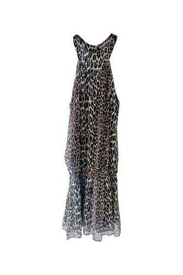 Back view of a sleeveless dress with an animal print and a flared skirt.