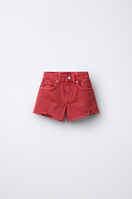 RIPPED DENIM BERMUDA SHORTS - Red by Zara - Image 0