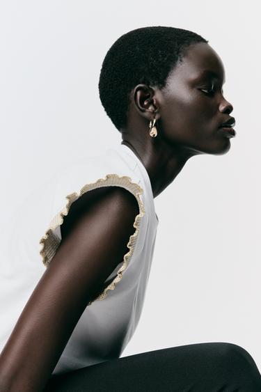 METALLIC THREAD RUFFLE T-SHIRT - White by Zara - Image 2