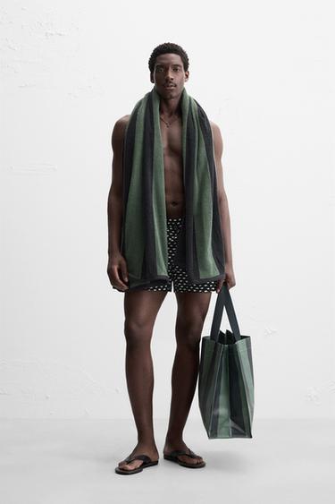 STRIPED SHOPPER BAG WITH POUCH - Blue green by Zara - Image 0