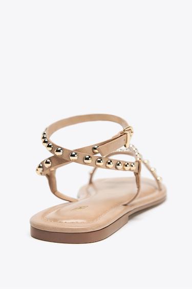 SANDALS WITH METALLIC BEADED STRAPS - Beige by Zara - Image 4
