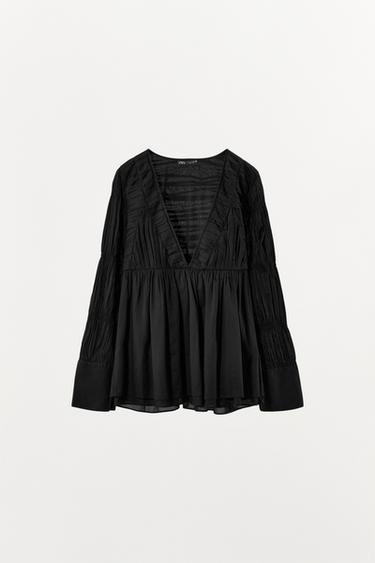 PLEATED BLOUSE WITH ELASTIC - Black by Zara - Image 4