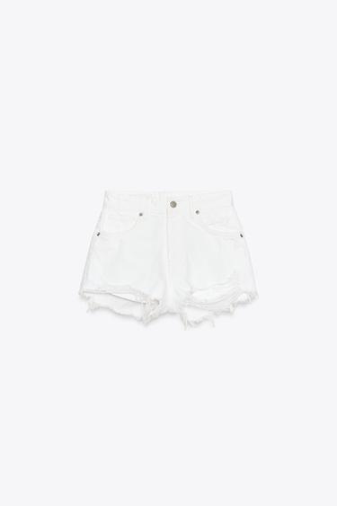 SHORTS DENIM TRF CURVED بسرج عال - أبيض الخاص بـ Zara