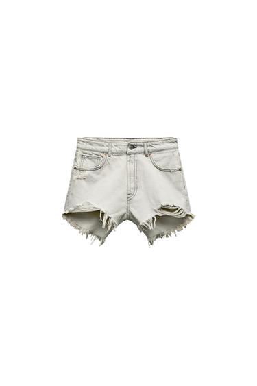TRF CURVED HIGH-WAIST RIPPED DENIM SHORTS