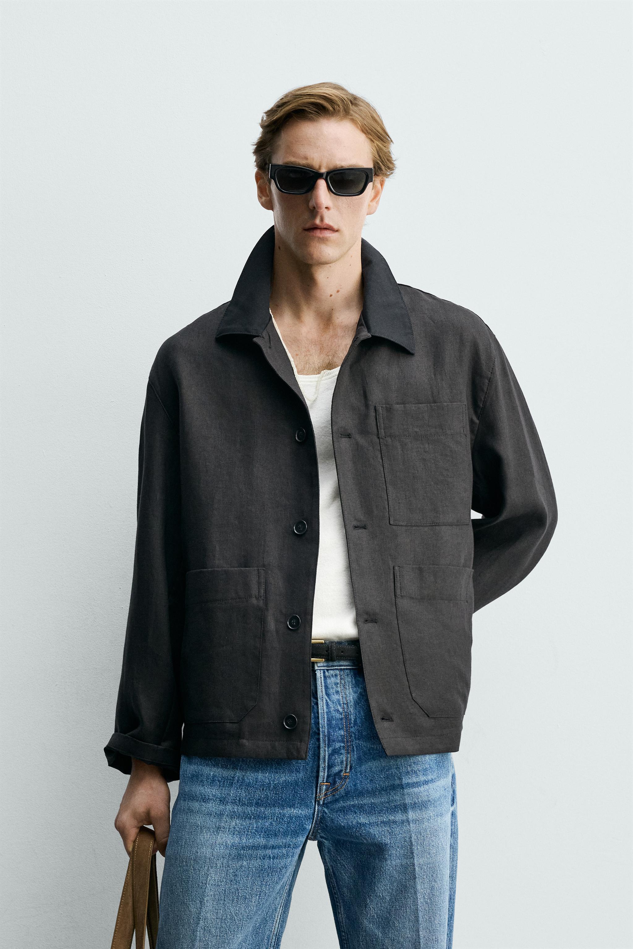 RELAXED FIT LINEN BLEND COTTON OVERSHIRT — Black