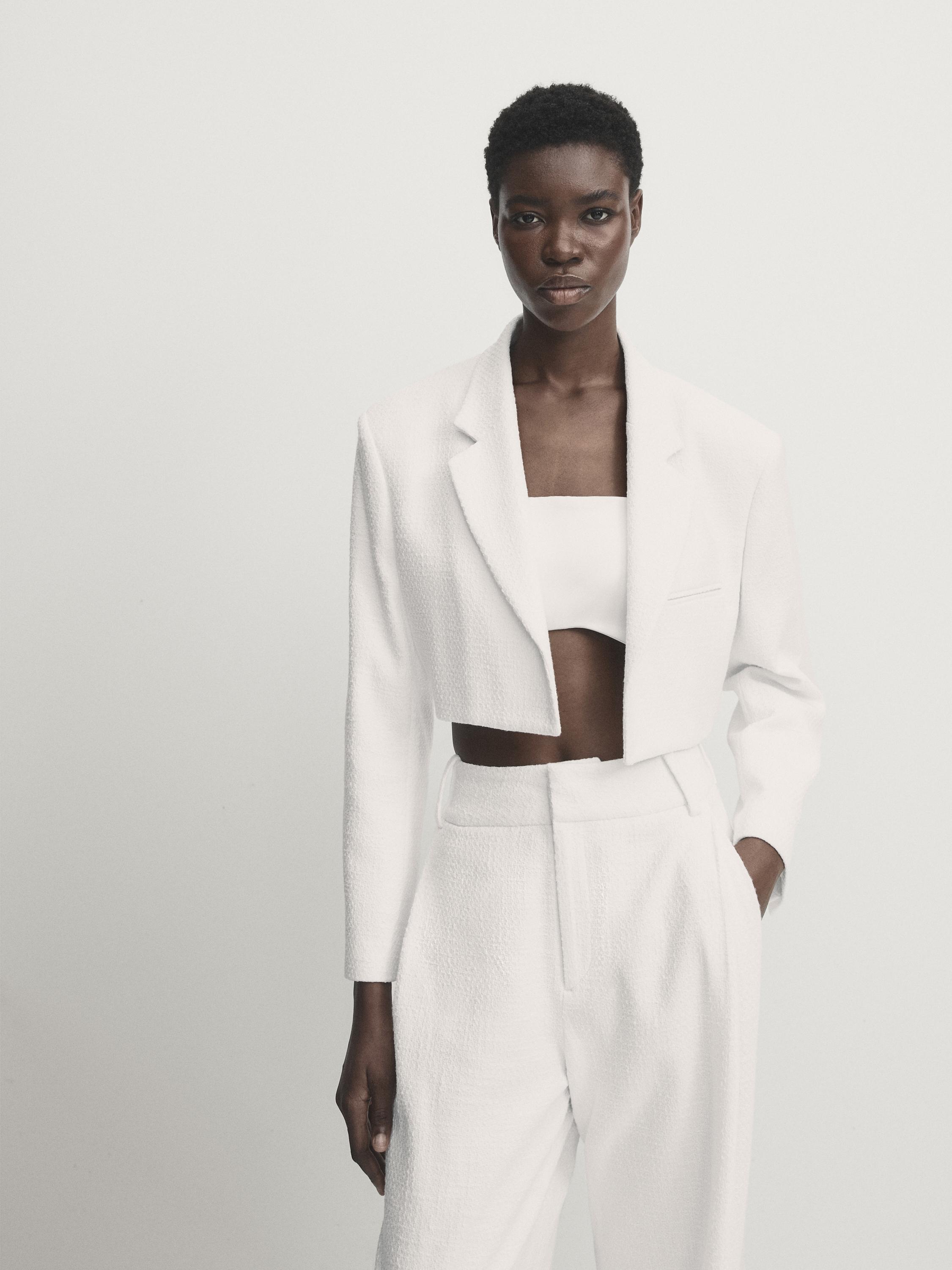 Cropped suit blazer with texture - Studio - White | ZARA United States