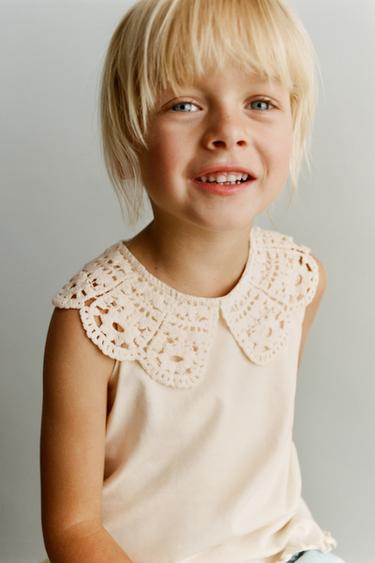 Zara CROCHET COLLAR T-SHIRT - Ecru