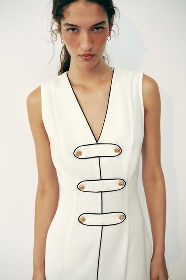 MIDI DRESS WITH FROG FASTENING AND CONTRAST PIPING - White by Zara