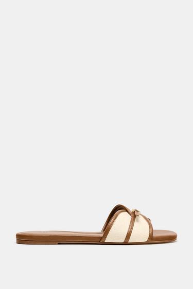 FLAT CANVAS BUCKLE SANDALS - Dark tan by Zara - Image 0