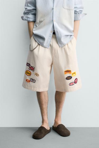 BAGGY FIT BERMUDA SHORTS WITH PATCHES - Beige by Zara - Image 1