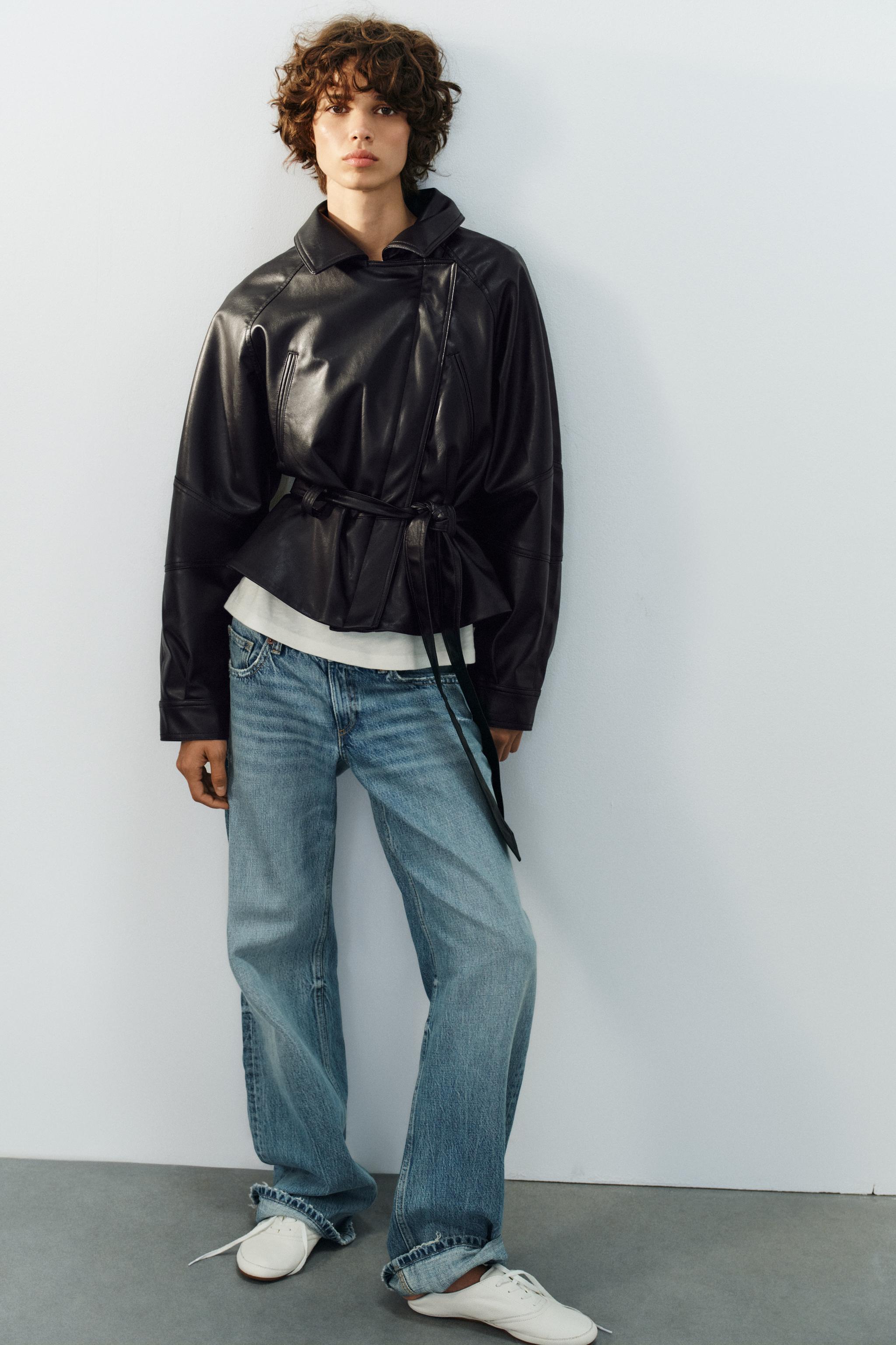 FAUX LEATHER BELTED JACKET — Black
