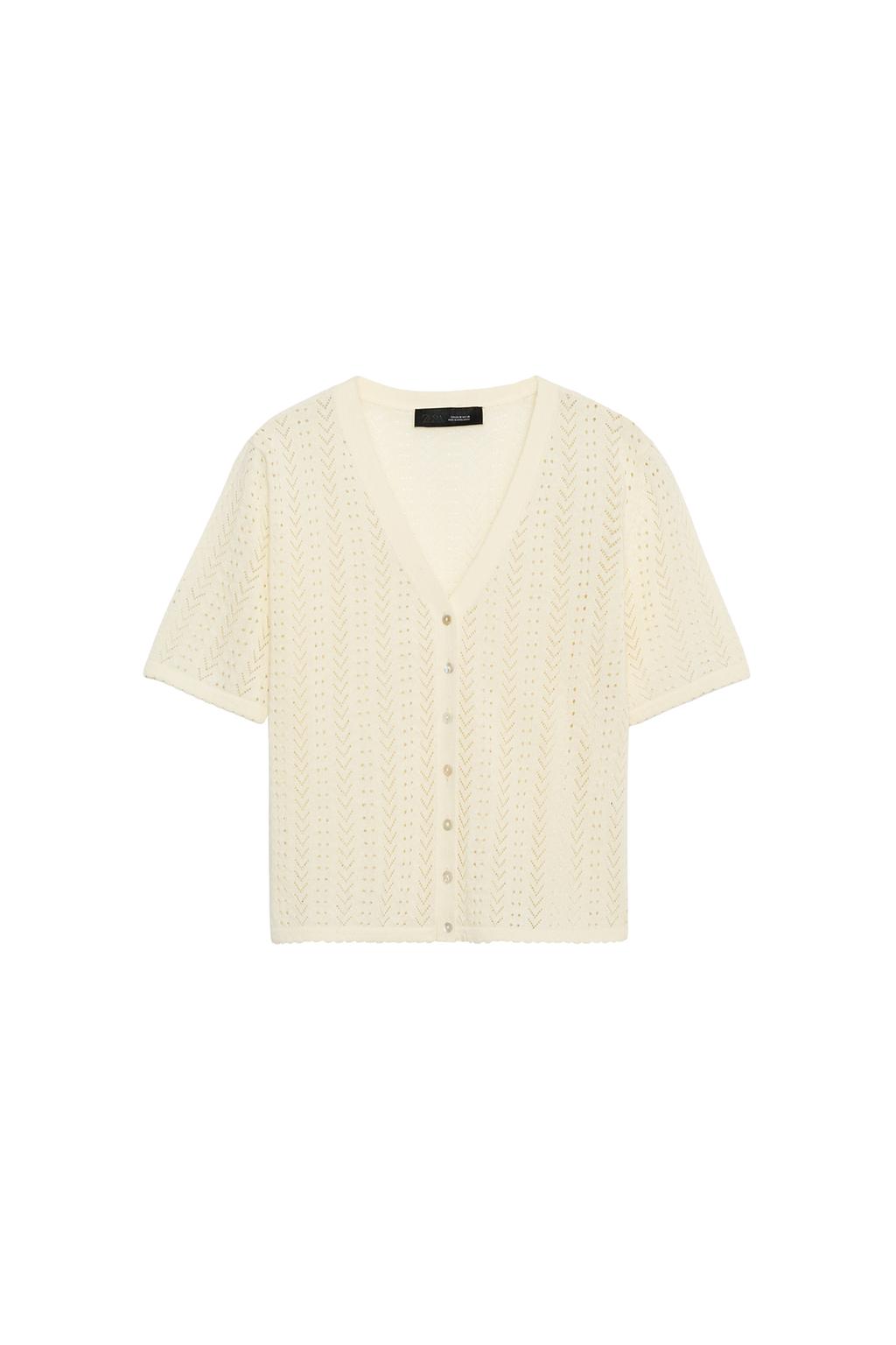 SHORT SLEEVE POINTELLE KNIT CARDIGAN - image 3