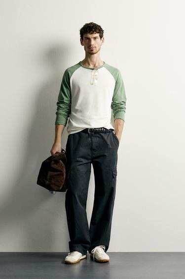 T-SHIRT COLOR BLOCK COTON-LIN - Écru / Vert de Zara - Image 0