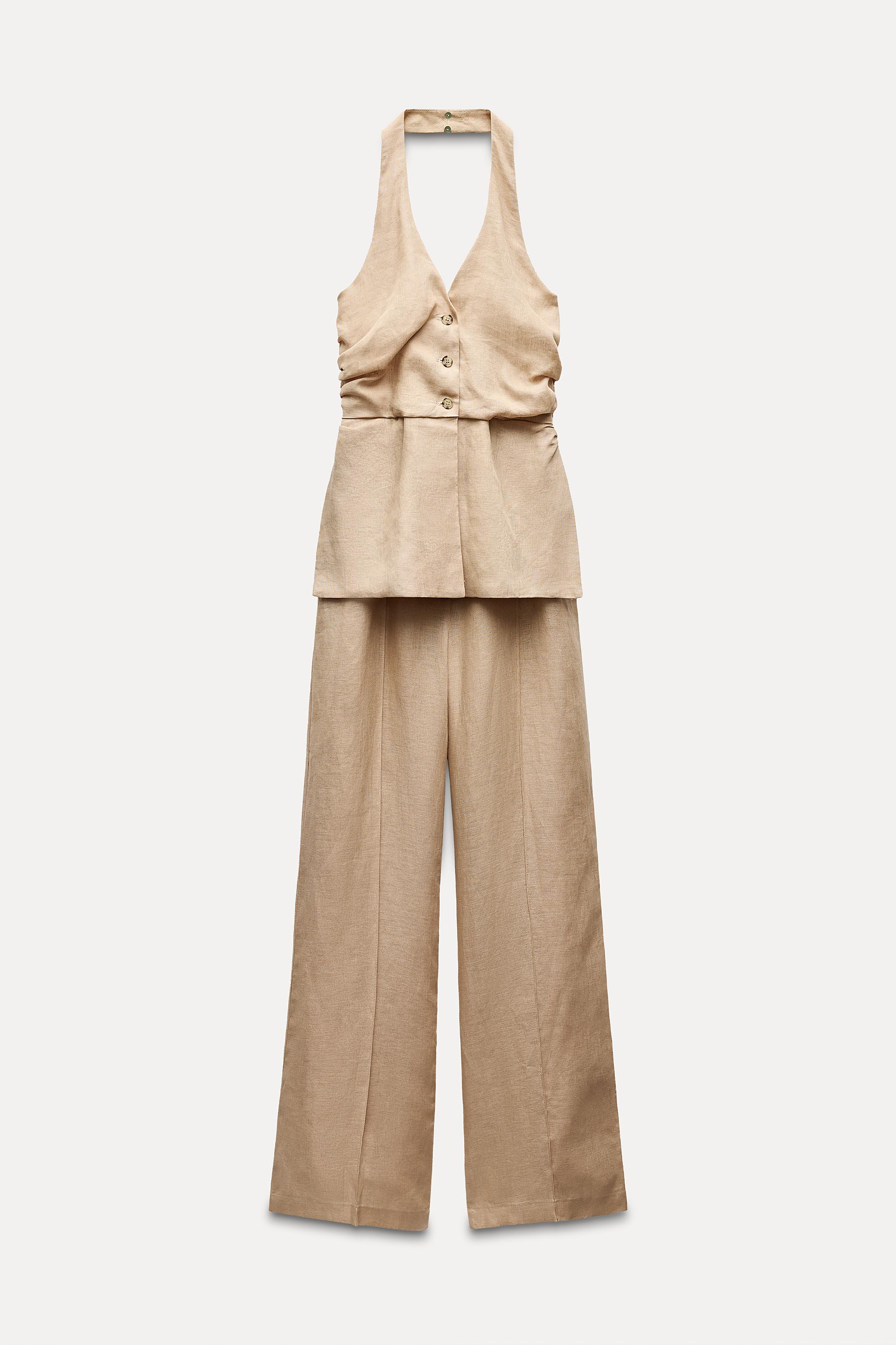 Zara Cream Halter Neck Sleeveless outlet Tie Wide Leg Ruffle Jumpsuit