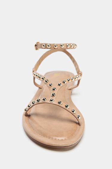SANDALS WITH METALLIC BEADED STRAPS - Beige by Zara - Image 3