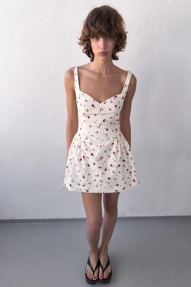 Zara FLORAL PRINT VOLUME DRESS - Ecru / Red - Image 0