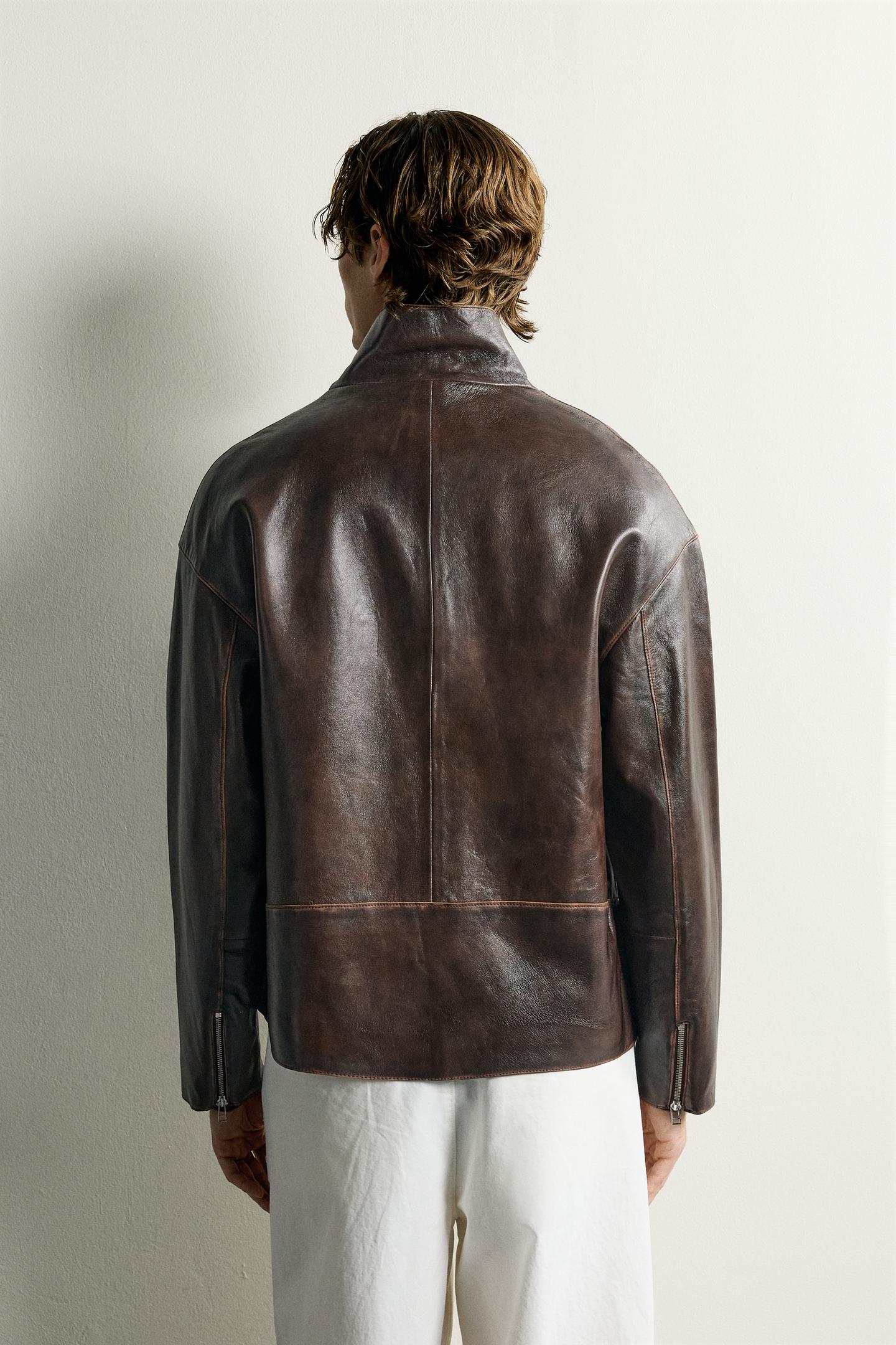 Мужская куртка Zara Vintage Effect Leather, цвет: Коричневый — фото 3