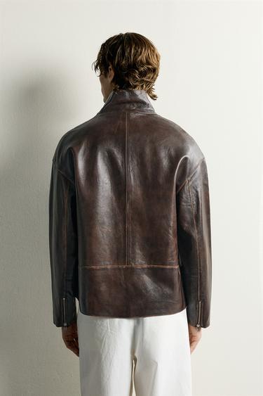 VINTAGE EFFECT LEATHER JACKET — Brown 2