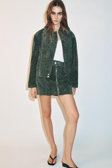 100% LEATHER SUEDE JACKET - Khaki by Zara