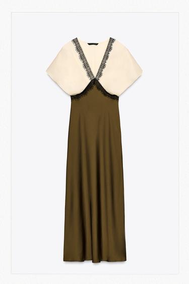 CONTRAST LACE SATIN MIDI DRESS - ecru/khaki by Zara - Image 1