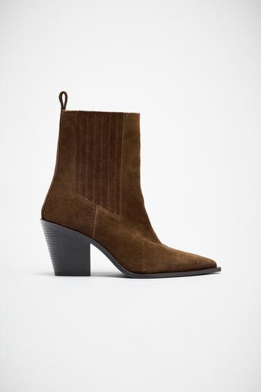 Zara SPLIT LEATHER COWBOY ANKLE BOOTS - Brown
