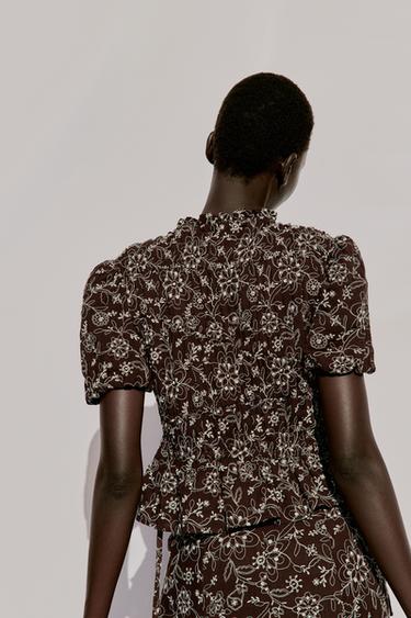 EMBROIDERED TOP - Brown / Ecru by Zara - Image 4