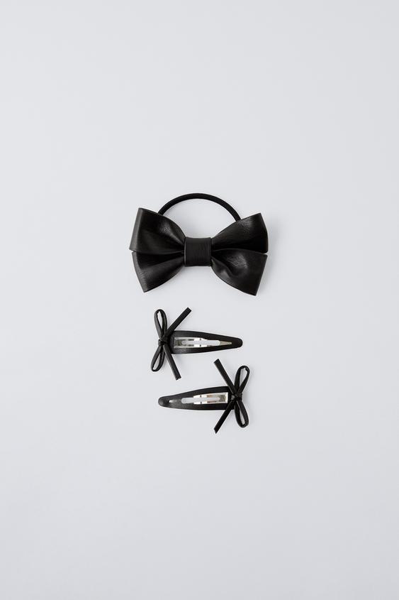 LEATHER EFFECT BOW HAIR TIE AND CLIP PACK - Black | ZARA Ireland