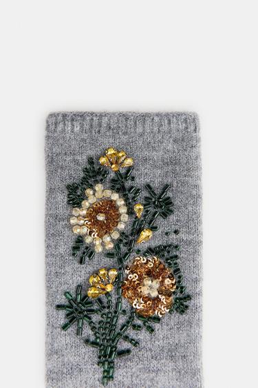 MITAINES EN MAILLE BRODERIES FLORALES ET FANTAISIE - Gris de Zara - Image 2