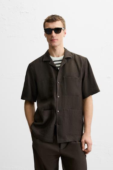 100% LINEN SHIRT WITH POCKETS - Chocolate by Zara