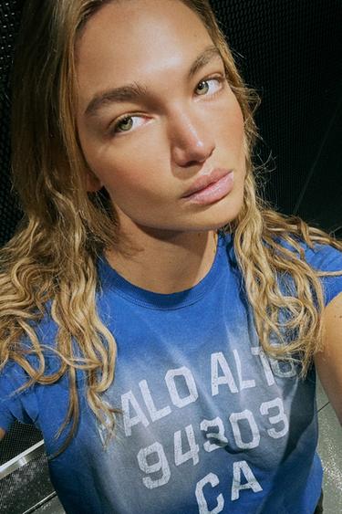 Zara WASHED EFFECT TEXT T-SHIRT - Blue