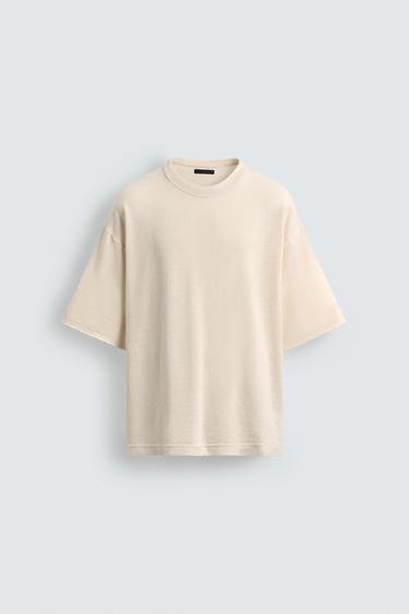 Zara KNIT WASHED PRINT T-SHIRT - Ecru