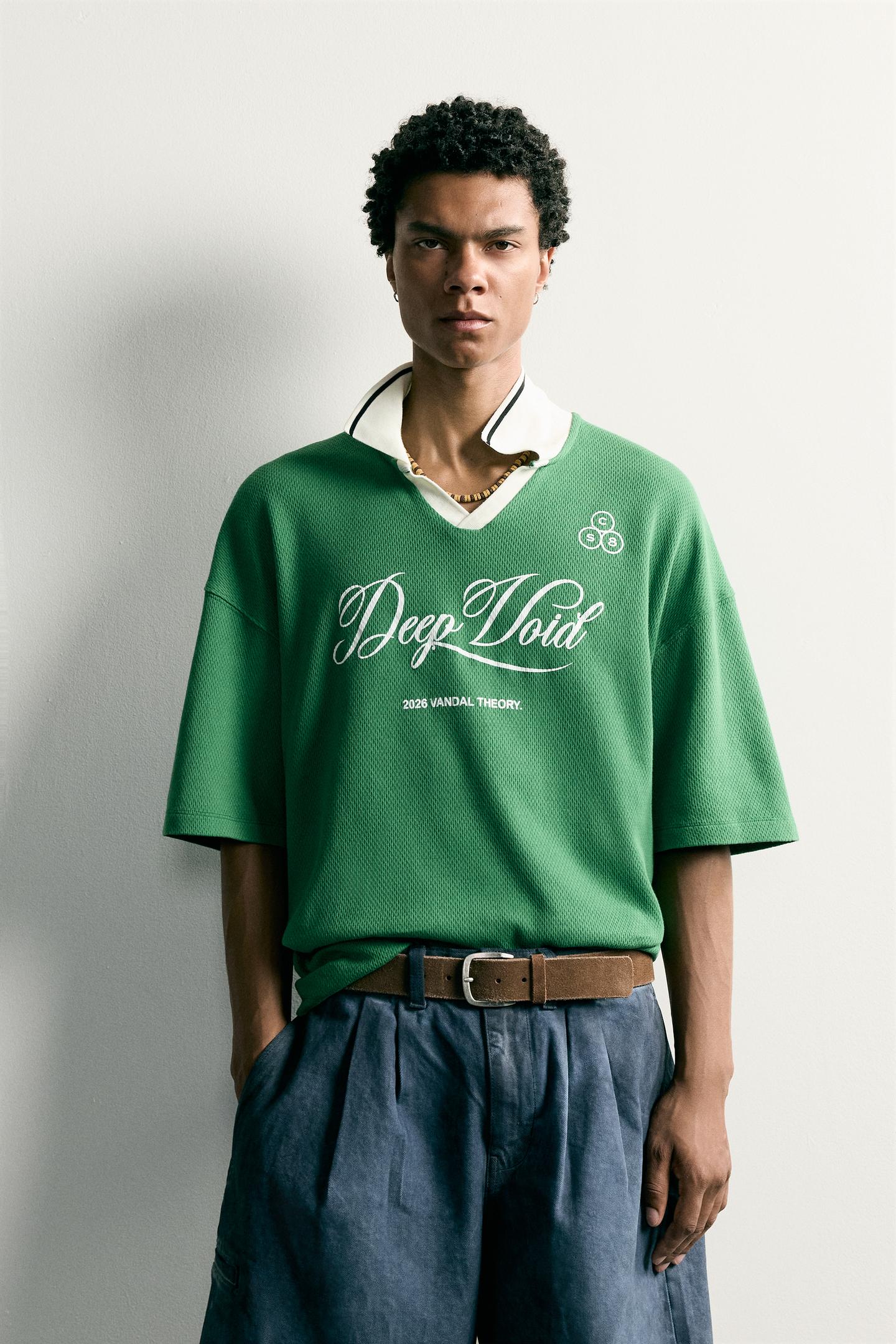 Мужское поло Zara Retro Soccer Relaxed-Fit Polo, цвет: Зелёный / Экрю — фото 2
