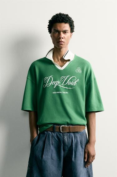 RETRO FOOTBALL RELAXED FIT POLO SHIRT - Green / Ecru by Zara