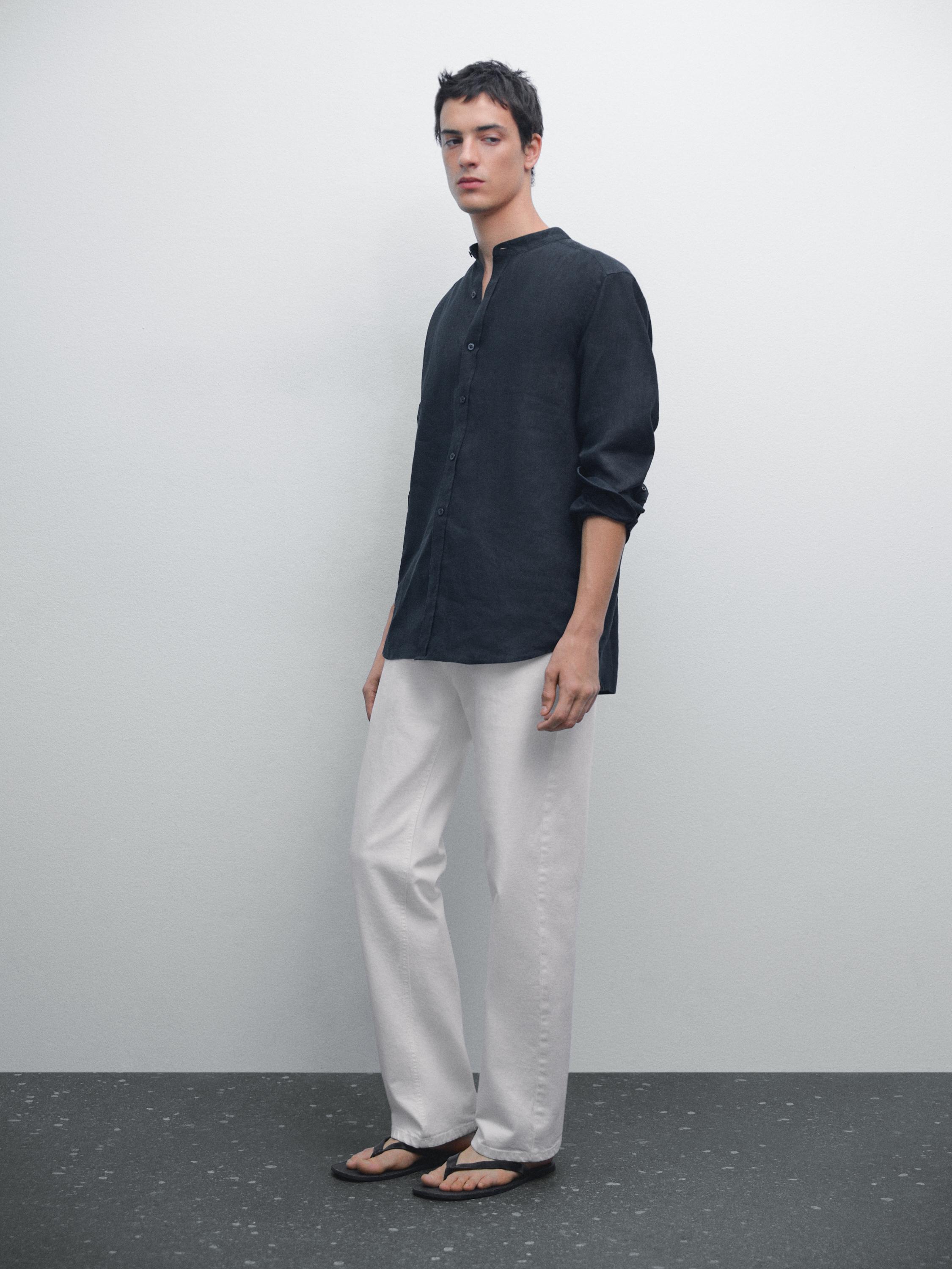 Chemise col mao 100 % lin