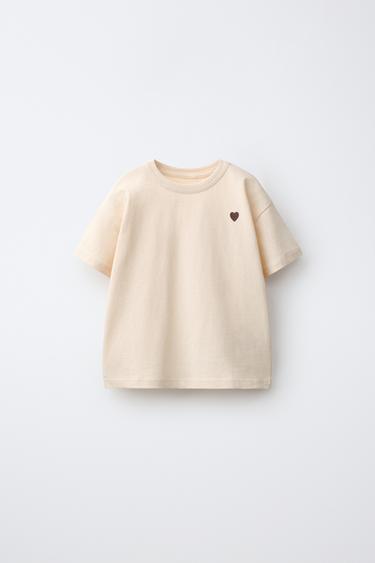 Zara EMBROIDERED HEART PLAIN T-SHIRT - Vanilla