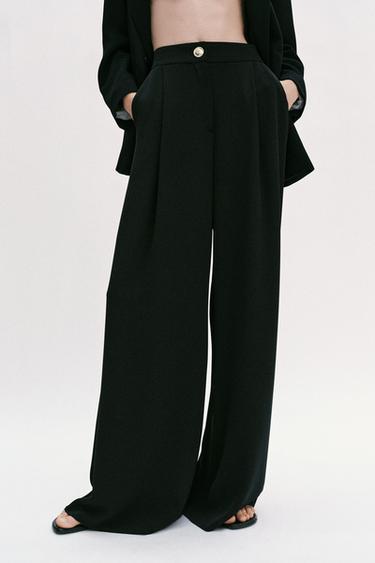 Zara GOLD BUTTON PALAZZO PANTS - Black